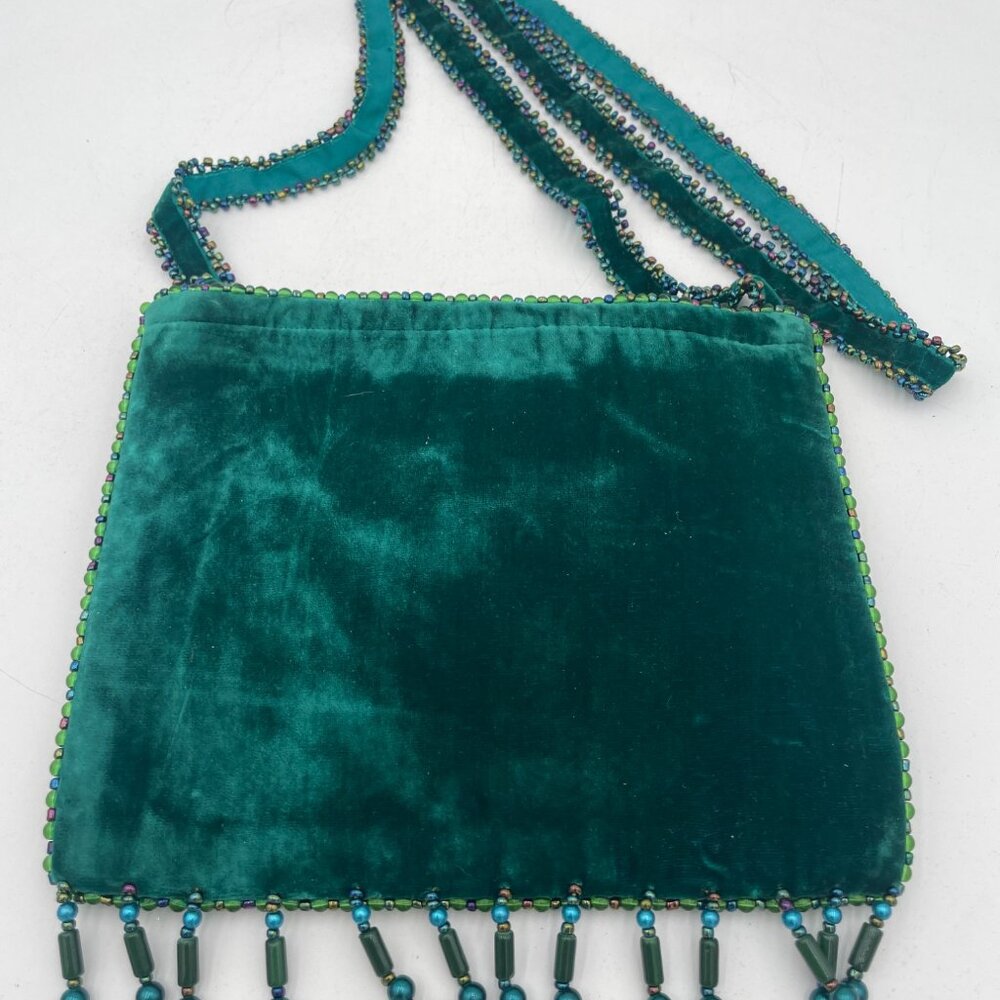 Handcrafted Boho Artisan Green Velvet Beaded Bag Feather Gem Bead Fringe Beaded - Picture 4 of 6